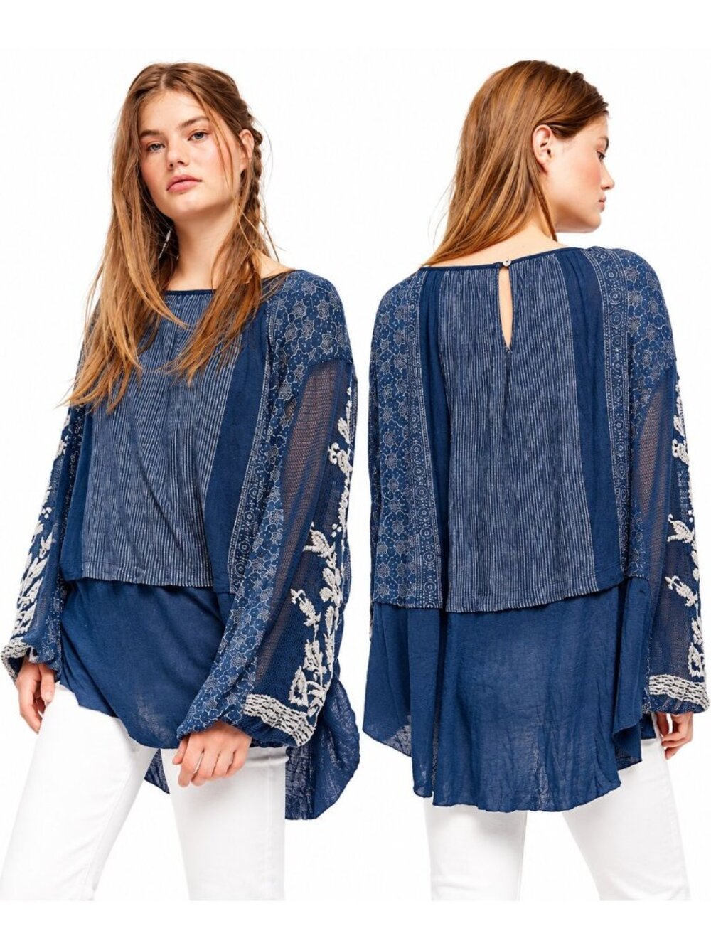 Free People Indigo Dreams Tunic M Blue Embroidered Boho Balloon Sleeve Oversized